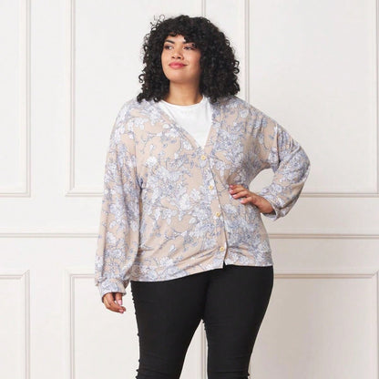Boho Retro Peach Khaki Beige Floral Button  Puff Drop Shoulder Light Weight Terry Cardigan Small To 3 XL PLUS