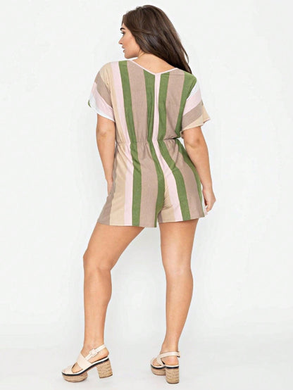 Boho Casual Orange Stripe Olive Green Leaf Tropical Drawstring Short Romper Small To 3 XL PLUS