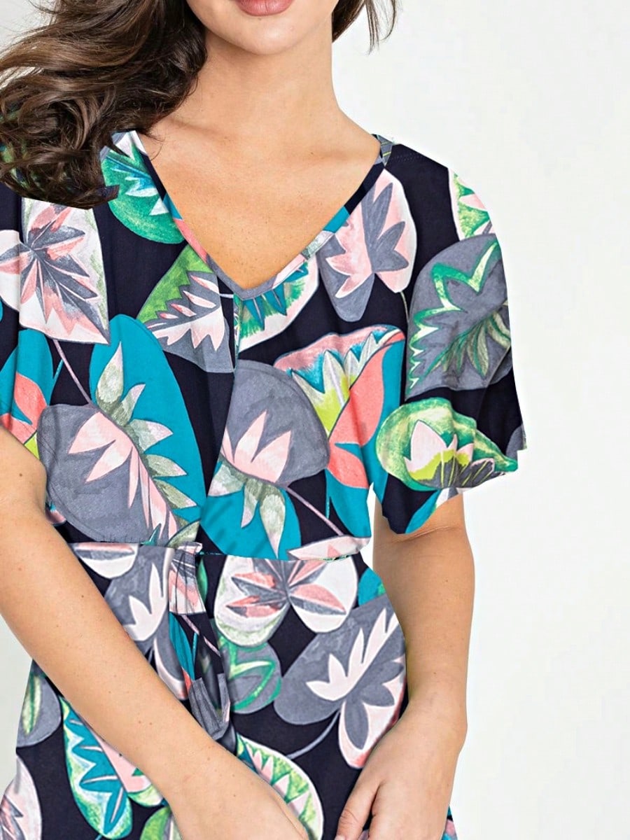 Boho Casual Orange Stripe Olive Green Leaf Tropical Drawstring Short Romper Small To 3 XL PLUS