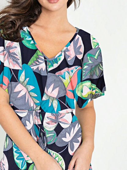 Boho Casual Orange Stripe Olive Green Leaf Tropical Drawstring Short Romper Small To 3 XL PLUS