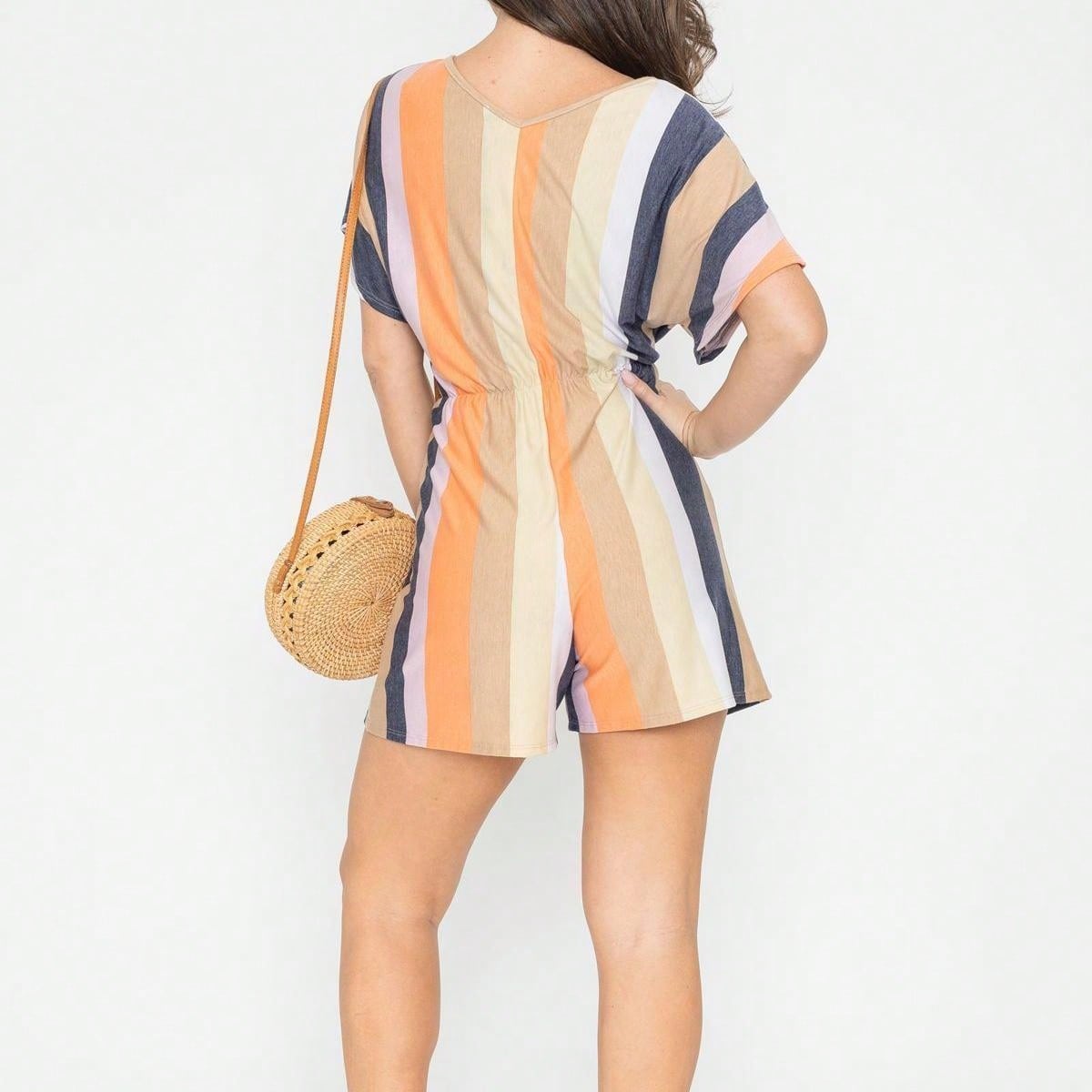 Boho Casual Orange Stripe Olive Green Leaf Tropical Drawstring Short Romper Small To 3 XL PLUS