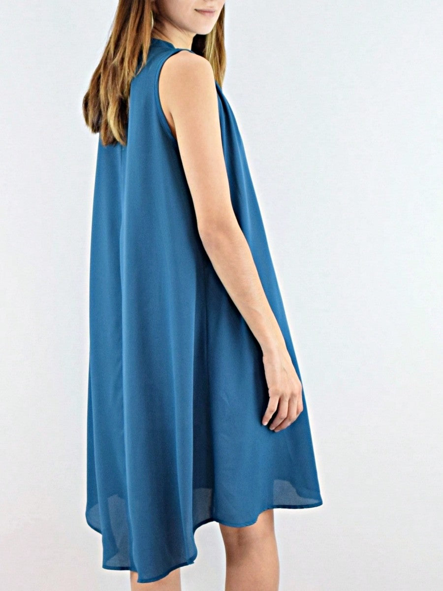 Boho Retro V Notch Neck Mandarin Collar Semi Sheer Swing Woven High And Low Dress