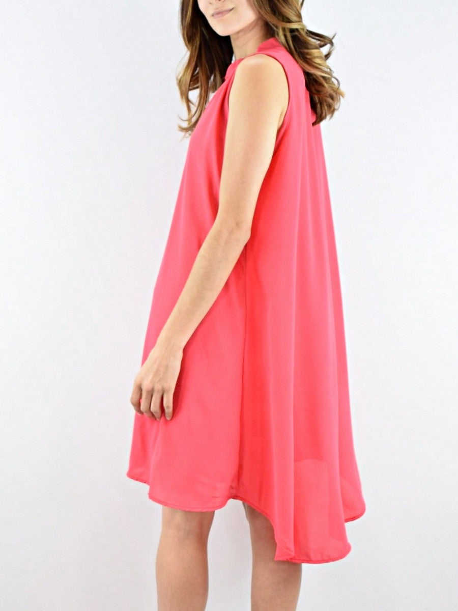 Boho Retro V Notch Neck Mandarin Collar Semi Sheer Swing Woven High And Low Dress