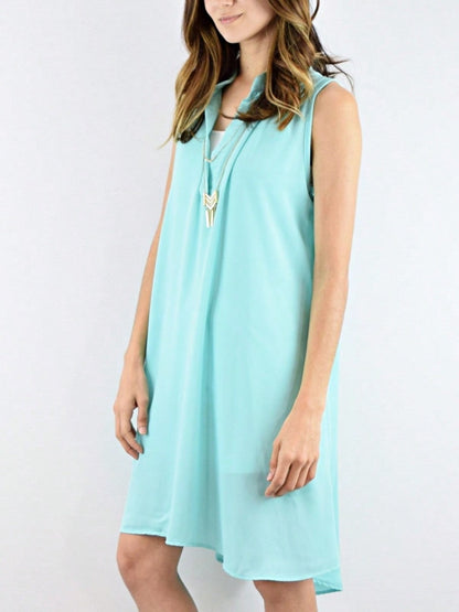 Boho Retro V Notch Neck Mandarin Collar Semi Sheer Swing Woven High And Low Dress