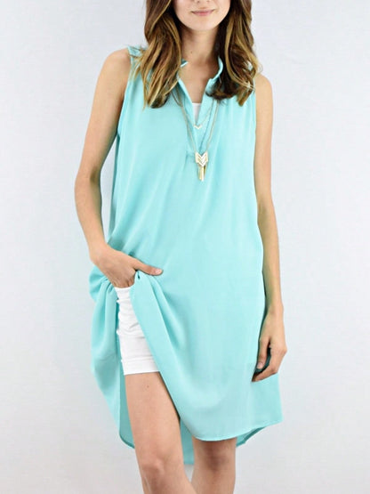 Boho Retro V Notch Neck Mandarin Collar Semi Sheer Swing Woven High And Low Dress