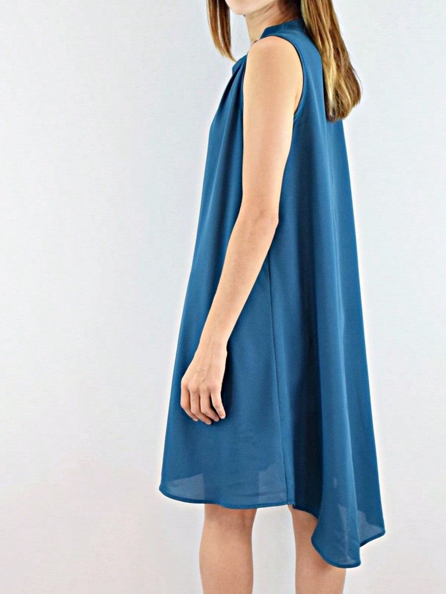 Boho Retro V Notch Neck Mandarin Collar Semi Sheer Swing Woven High And Low Dress