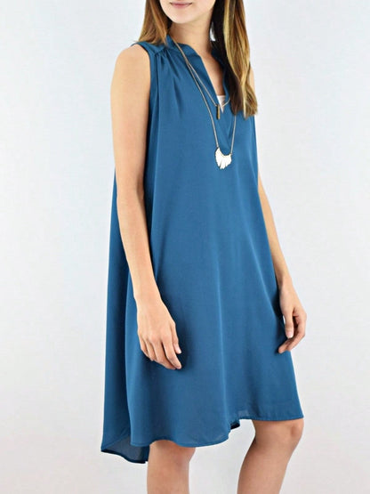 Boho Retro V Notch Neck Mandarin Collar Semi Sheer Swing Woven High And Low Dress