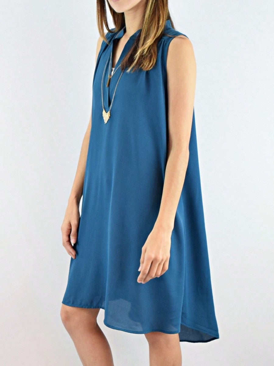 Boho Retro V Notch Neck Mandarin Collar Semi Sheer Swing Woven High And Low Dress