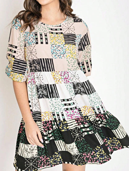 Boho Retro Tiered Tab Sleeve Beige Cream  Tiered Ruffle Swing Woven Dress Small To 3XL Plus