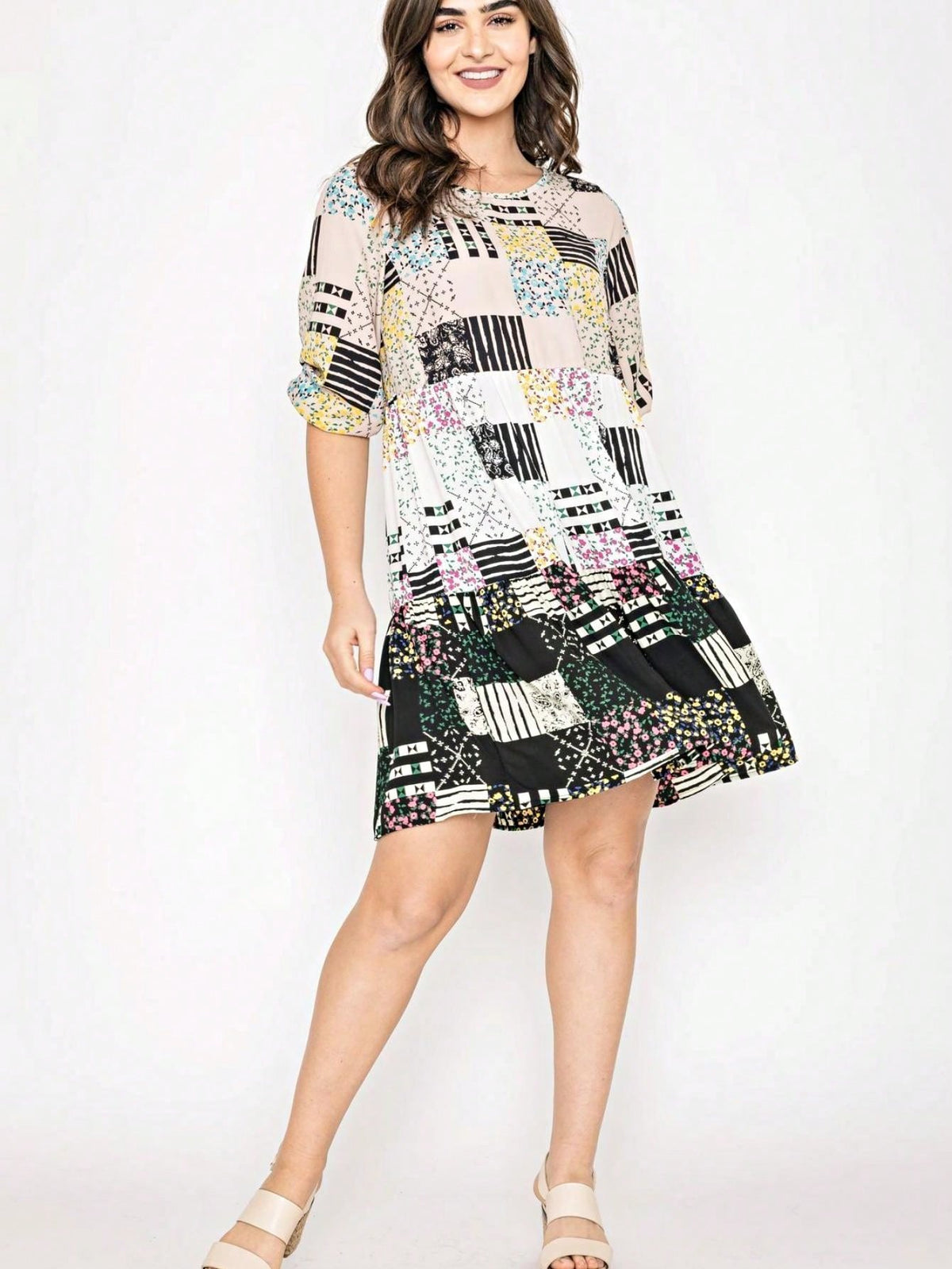 Boho Retro Tiered Tab Sleeve Beige Cream  Tiered Ruffle Swing Woven Dress Small To 3XL Plus