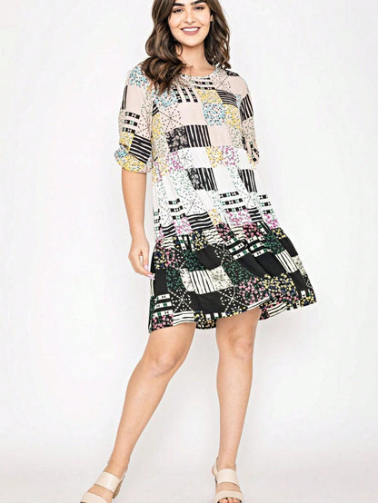 Boho Retro Tiered Tab Sleeve Beige Cream  Tiered Ruffle Swing Woven Dress Small To 3XL Plus