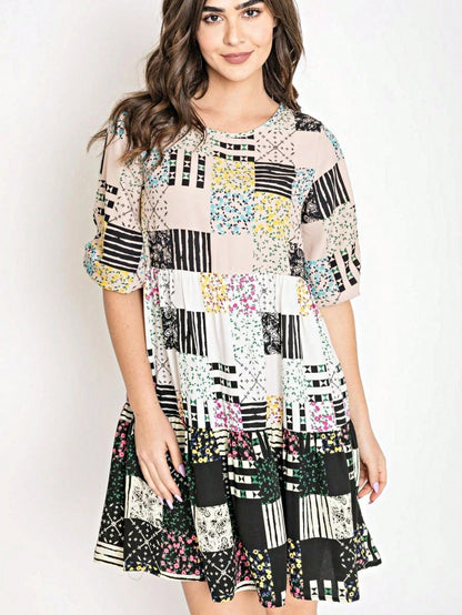 Boho Retro Tiered Tab Sleeve Beige Cream  Tiered Ruffle Swing Woven Dress Small To 3XL Plus