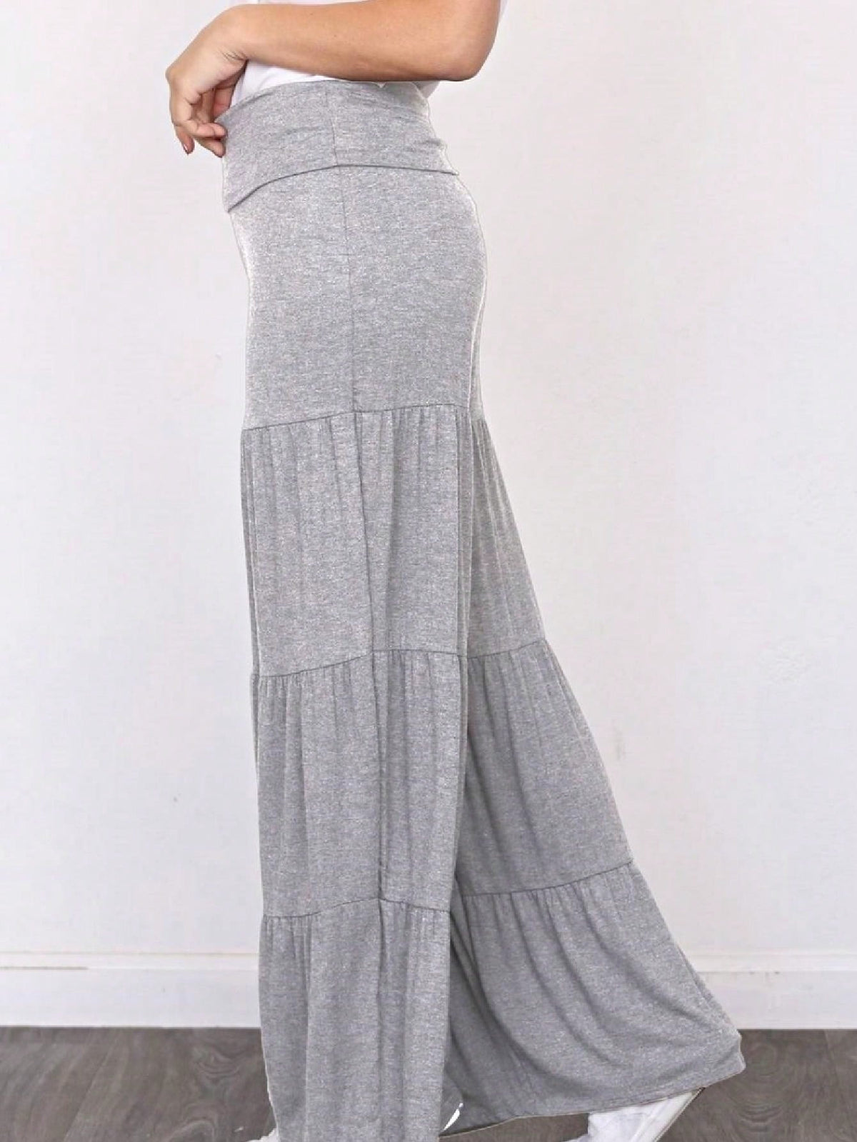 Fold Over Band Wide Leg Tiered Soft Long Lounge Pants