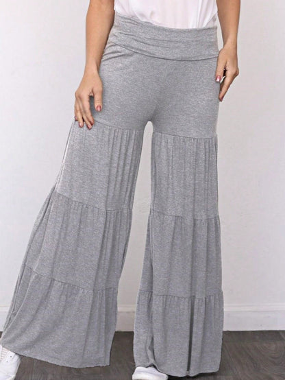 Fold Over Band Wide Leg Tiered Soft Long Lounge Pants