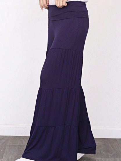Fold Over Band Wide Leg Tiered Soft Long Lounge Pants