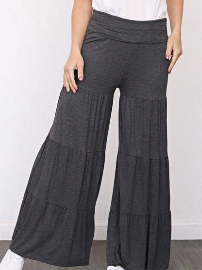 Fold Over Band Wide Leg Tiered Soft Long Lounge Pants