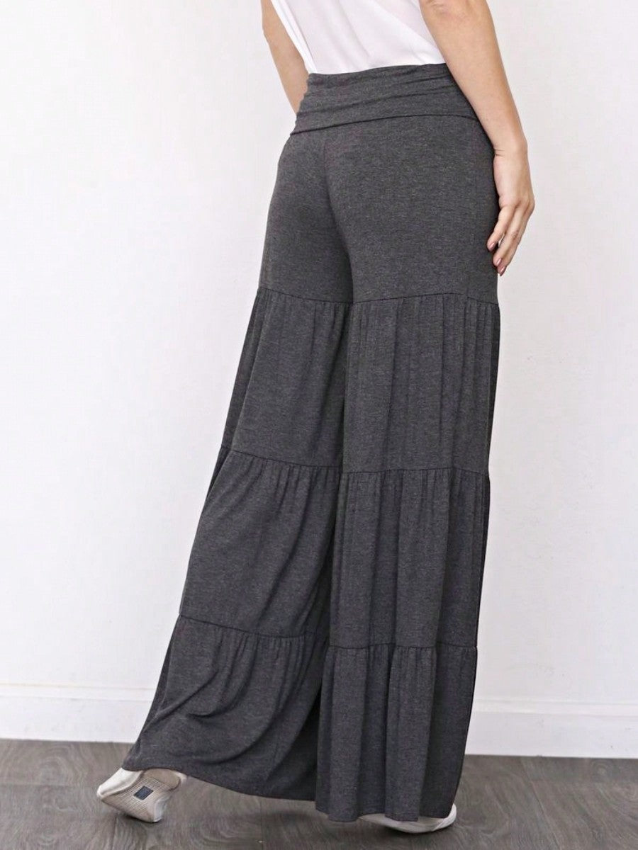 Fold Over Band Wide Leg Tiered Soft Long Lounge Pants