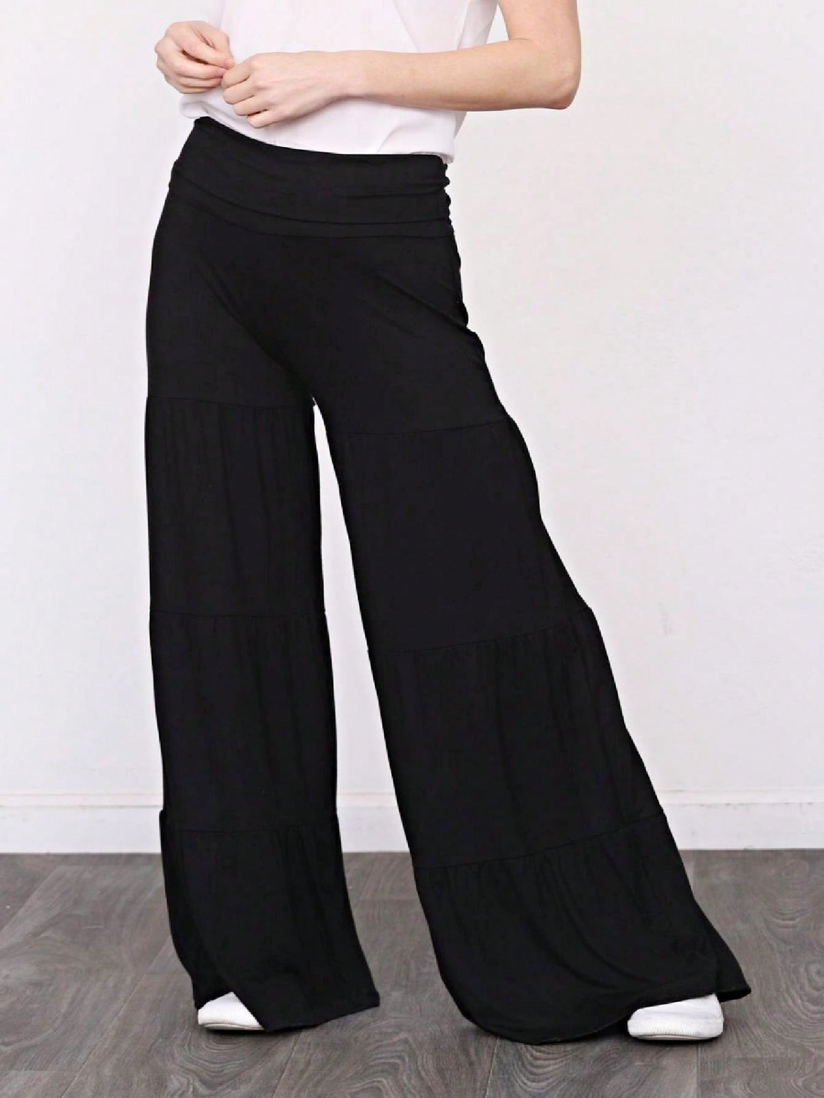 Fold Over Band Wide Leg Tiered Soft Long Lounge Pants