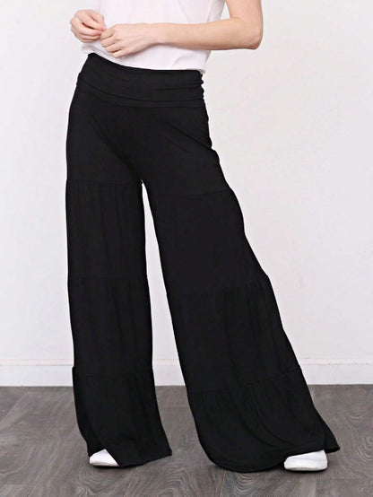 Fold Over Band Wide Leg Tiered Soft Long Lounge Pants