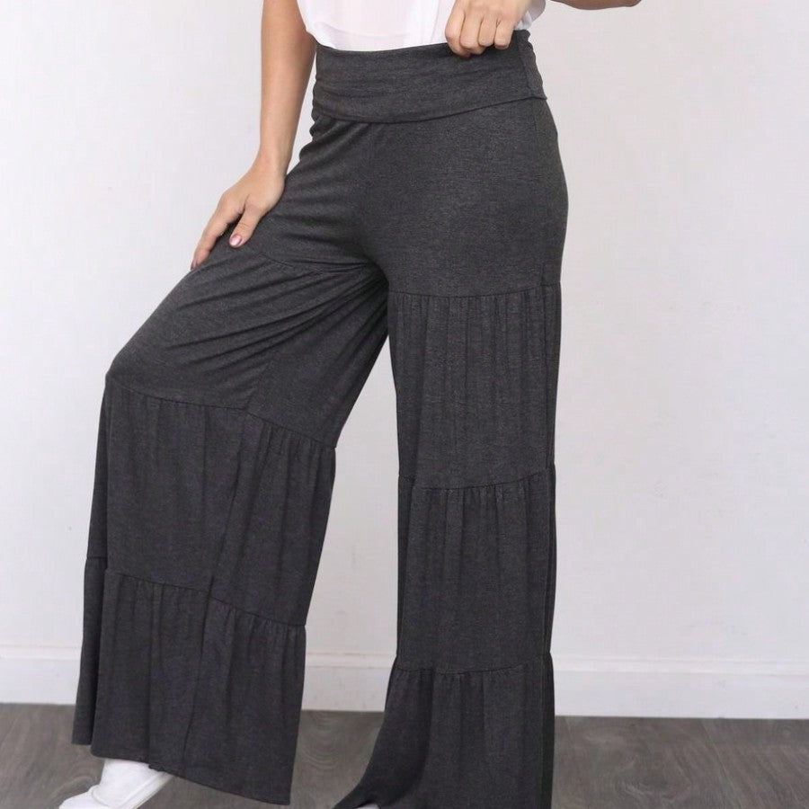 Fold Over Band Wide Leg Tiered Soft Long Lounge Pants
