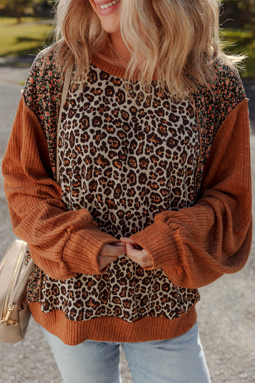 Threaded Pear Natalie Leopard & Floral Patchwork Loose Top