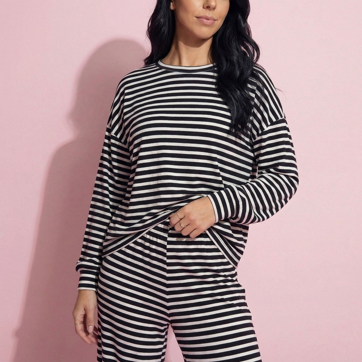 Anna-Kaci Women's 2-Piece Set Long Sleeve Striped Pajama Top and Relaxed Fit Lounge Pants with Soft Stretch Fabric
