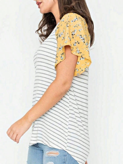 Boho Retro Yellow Mint Blue Ditsy Grey Stripe Color Block Flounce Tiered Raglan Sleeve Top Shirt Blouse | Small-3 XL