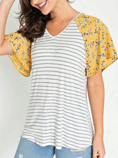 Boho Retro Yellow Mint Blue Ditsy Grey Stripe Color Block Flounce Tiered Raglan Sleeve Top Shirt Blouse | Small-3 XL