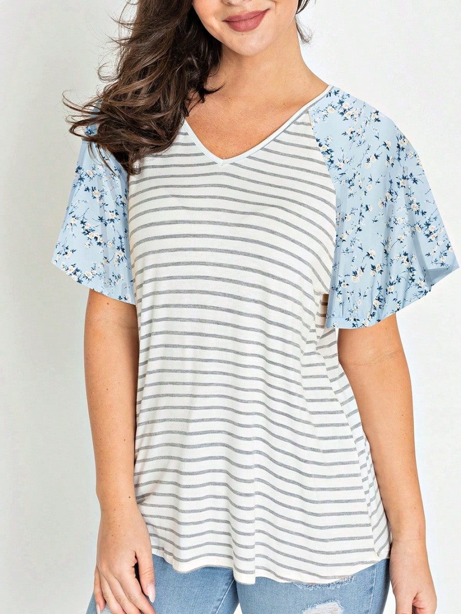 Boho Retro Yellow Mint Blue Ditsy Grey Stripe Color Block Flounce Tiered Raglan Sleeve Top Shirt Blouse | Small-3 XL