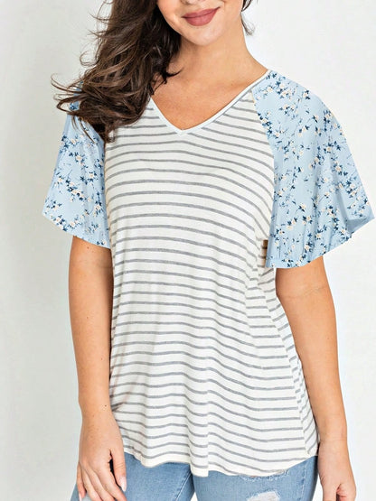 Boho Retro Yellow Mint Blue Ditsy Grey Stripe Color Block Flounce Tiered Raglan Sleeve Top Shirt Blouse | Small-3 XL