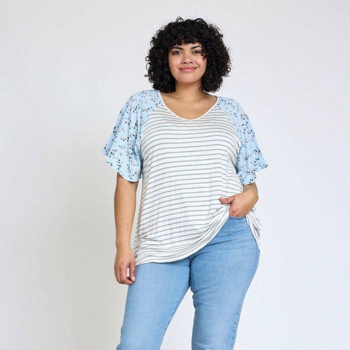 Boho Retro Yellow Mint Blue Ditsy Grey Stripe Color Block Flounce Tiered Raglan Sleeve Top Shirt Blouse | Small-3 XL