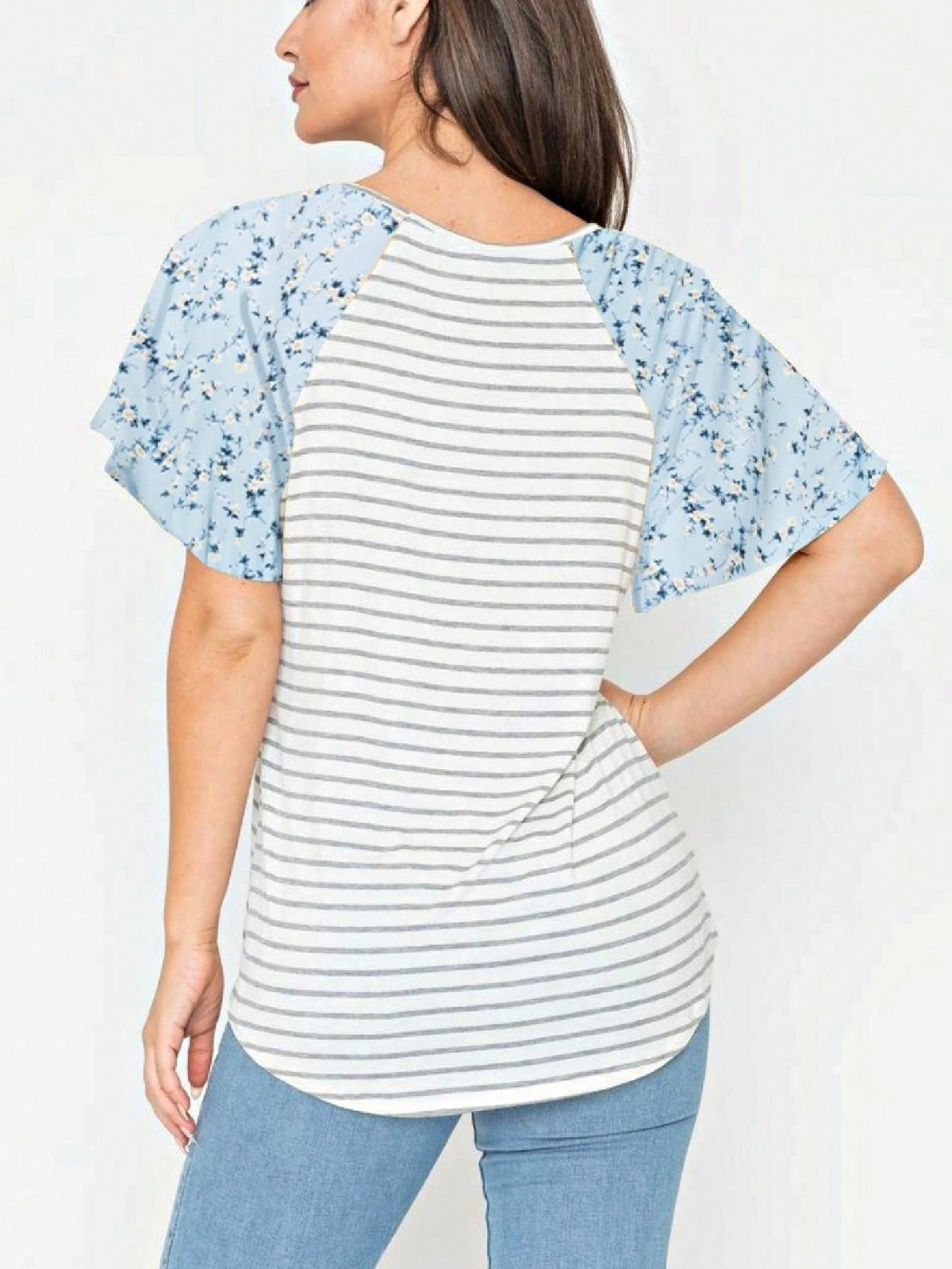 Boho Retro Yellow Mint Blue Ditsy Grey Stripe Color Block Flounce Tiered Raglan Sleeve Top Shirt Blouse | Small-3 XL