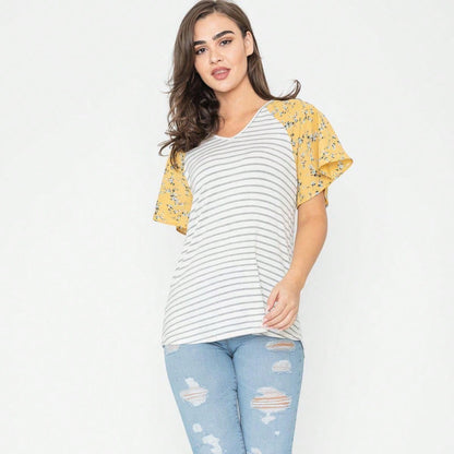 Boho Retro Yellow Mint Blue Ditsy Grey Stripe Color Block Flounce Tiered Raglan Sleeve Top Shirt Blouse | Small-3 XL