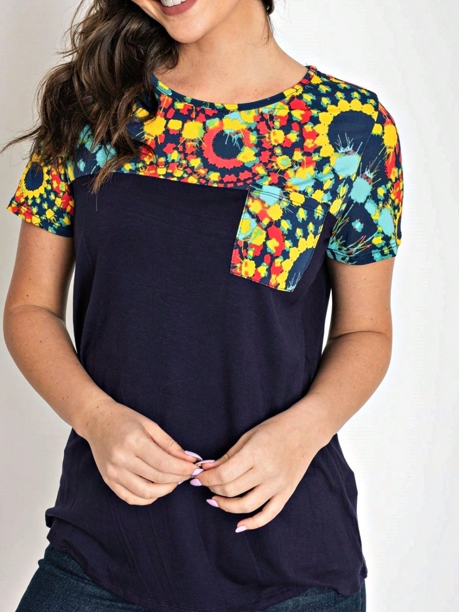 Boho Retro Black Mint Color Block Oriental Geo Pocket 60's Rayon Soft Top Shirt Blouse | Small-3 XL
