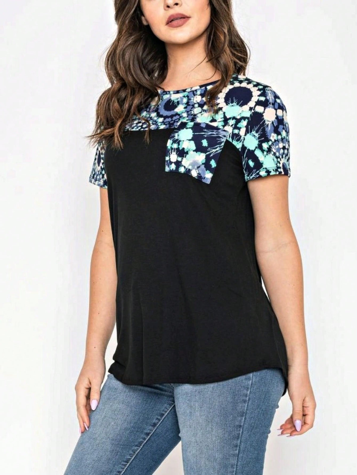 Boho Retro Black Mint Color Block Oriental Geo Pocket 60's Rayon Soft Top Shirt Blouse | Small-3 XL