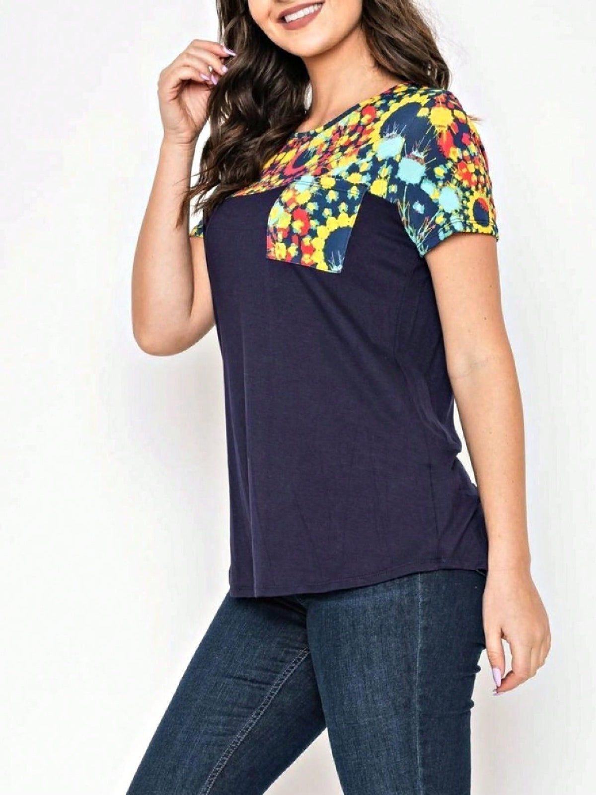 Boho Retro Black Mint Color Block Oriental Geo Pocket 60's Rayon Soft Top Shirt Blouse | Small-3 XL