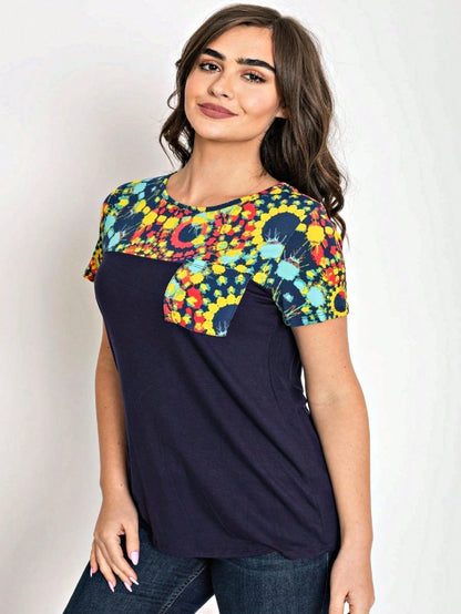 Boho Retro Black Mint Color Block Oriental Geo Pocket 60's Rayon Soft Top Shirt Blouse | Small-3 XL