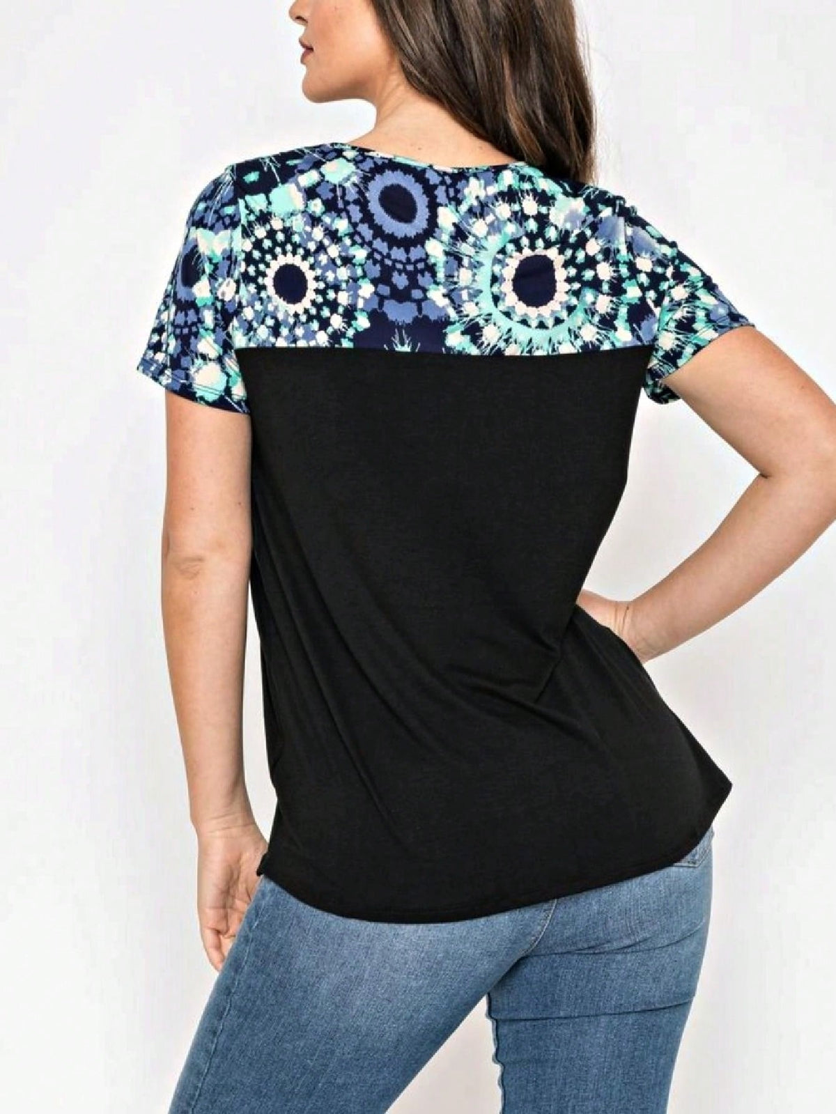Boho Retro Black Mint Color Block Oriental Geo Pocket 60's Rayon Soft Top Shirt Blouse | Small-3 XL