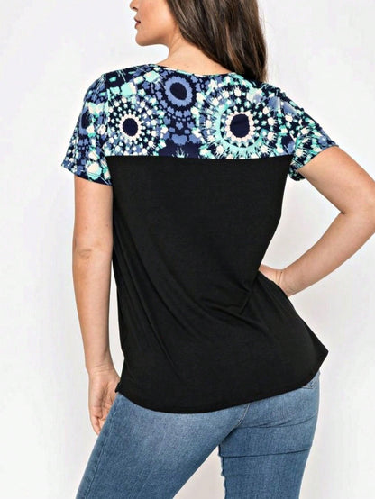 Boho Retro Black Mint Color Block Oriental Geo Pocket 60's Rayon Soft Top Shirt Blouse | Small-3 XL