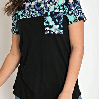 Boho Retro Black Mint Color Block Oriental Geo Pocket 60's Rayon Soft Top Shirt Blouse | Small-3 XL