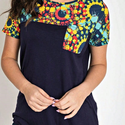 Boho Retro Black Mint Color Block Oriental Geo Pocket 60's Rayon Soft Top Shirt Blouse | Small-3 XL