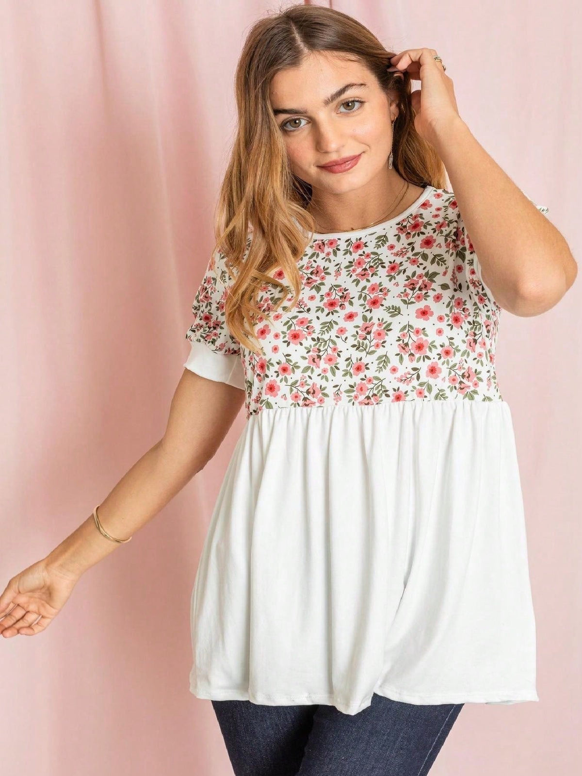 Boho Retro Baby Doll Ivory Navy Blue Floral Color Block Tunic Top Shirt
