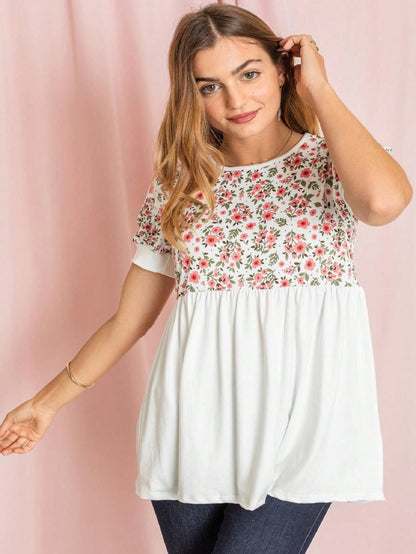 Boho Retro Baby Doll Ivory Navy Blue Floral Color Block Tunic Top Shirt