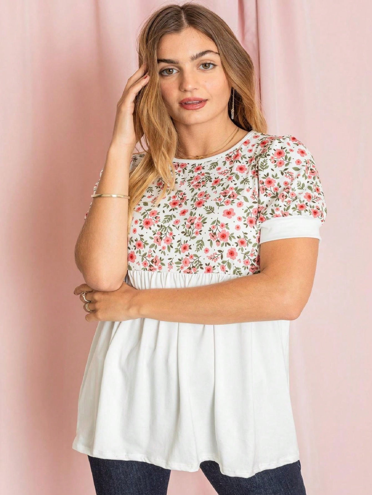 Boho Retro Baby Doll Ivory Navy Blue Floral Color Block Tunic Top Shirt