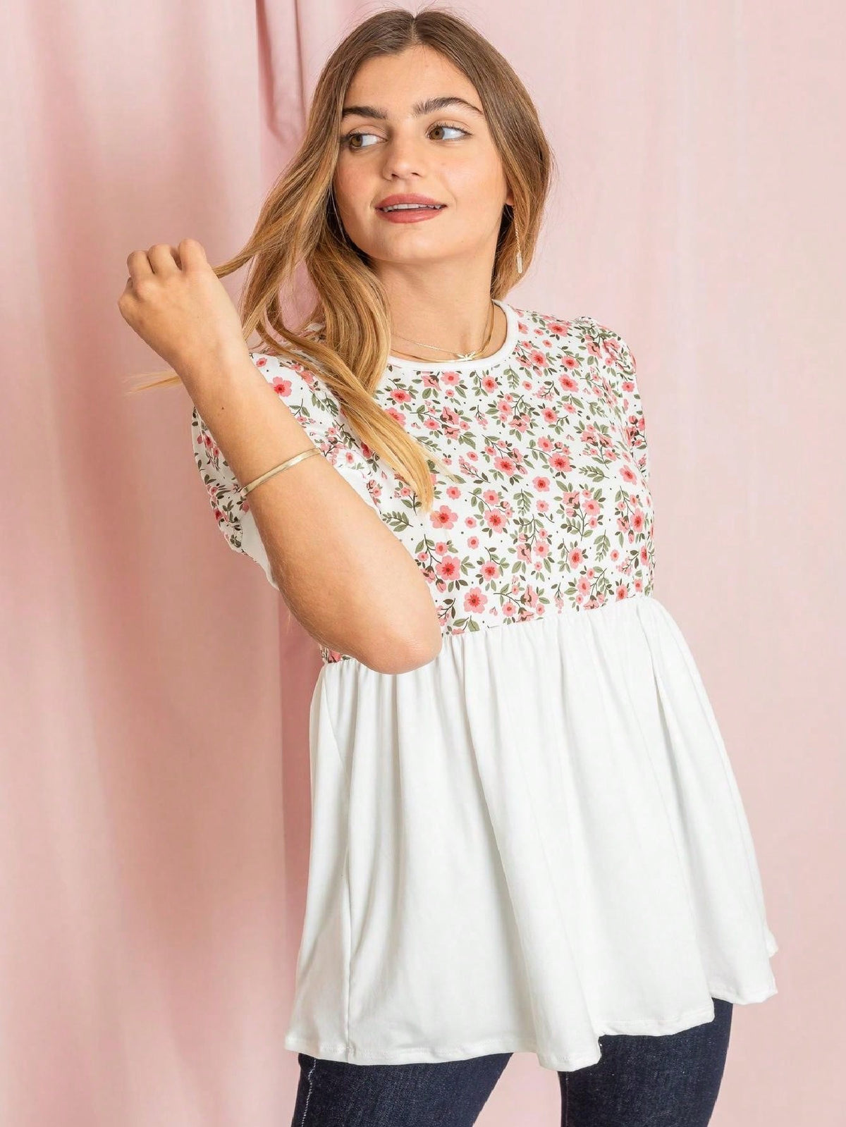 Boho Retro Baby Doll Ivory Navy Blue Floral Color Block Tunic Top Shirt
