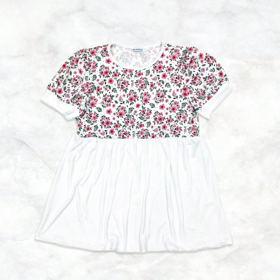 Boho Retro Baby Doll Ivory Navy Blue Floral Color Block Tunic Top Shirt