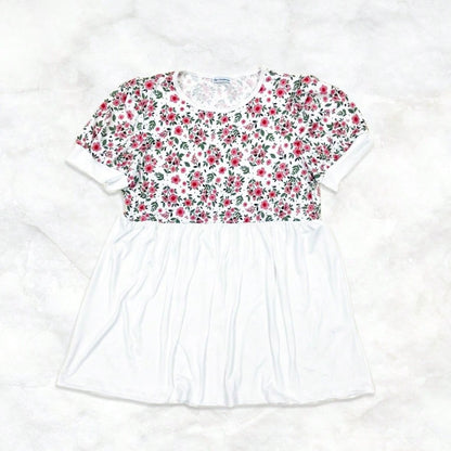 Boho Retro Baby Doll Ivory Navy Blue Floral Color Block Tunic Top Shirt