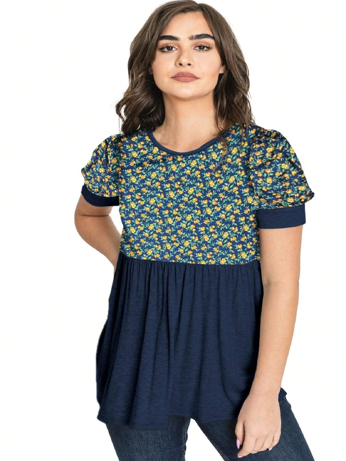 Boho Retro Baby Doll Ivory Navy Blue Floral Color Block Tunic Top Shirt