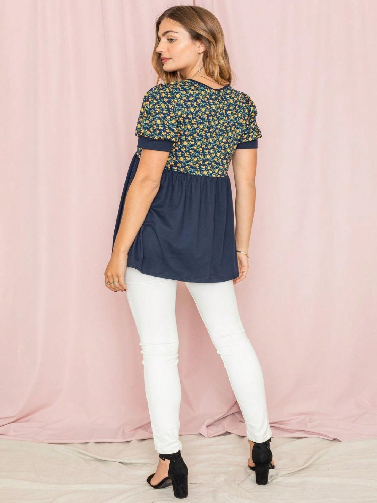 Boho Retro Baby Doll Ivory Navy Blue Floral Color Block Tunic Top Shirt