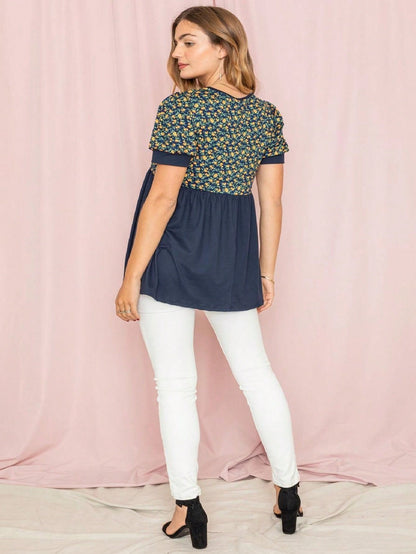 Boho Retro Baby Doll Ivory Navy Blue Floral Color Block Tunic Top Shirt